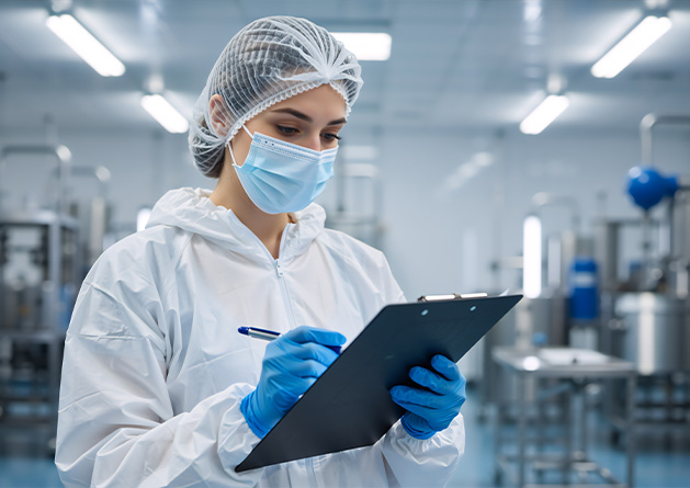 female lab technician wearing a mask and gloves writing on a clipboard in a clean industrial environment focused on safety and quality procedures in laboratory settings